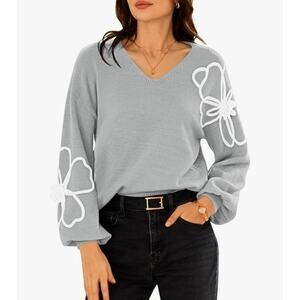 Women's Pullover Sweaters Knit Floral V Neck Tunic Pullover Size M